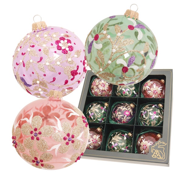 Glaskugelsortiment Blumen (Gefühlvolle Weihnachten), Transparent Pastell Rosa/Lila/Grün, 9-teilig, 8cm, 9 Stck., Weihnachtsbaumkugeln, Christbaumschmuck, Weihnachtsbaumanhänger