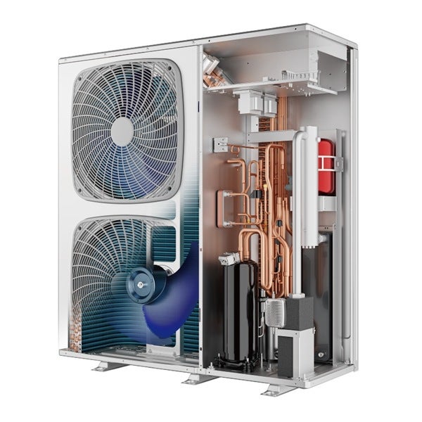 Schnittmodell einer Außeneinheit einer Wärmepumpe mit Ventilatoren, Kupferrohren und einem Kompressor.