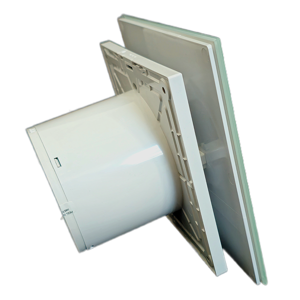 Quadratischer Badventilator mit weißem Kunststoffgehäuse und Glasfront in der Seitenansicht.