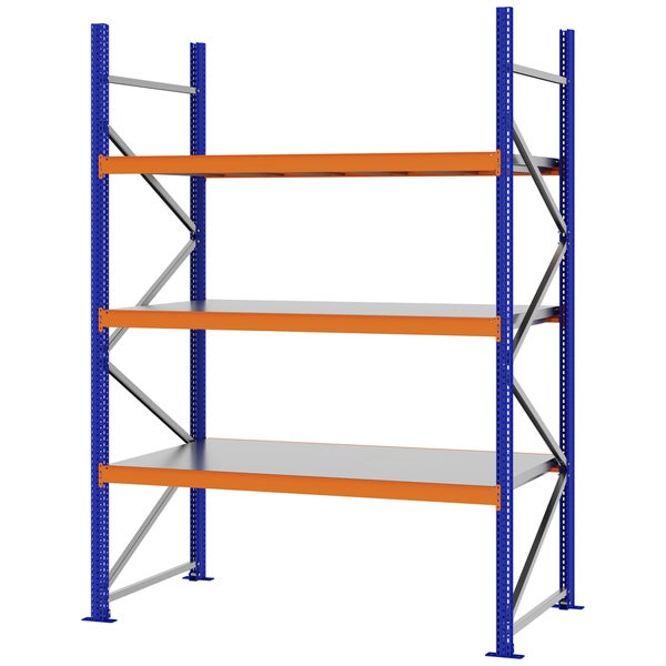 Schwerlastregal aus Metall mit drei Ebenen, blauen Stehern, orangefarbenen Traversen und verzinkten Fachböden.
