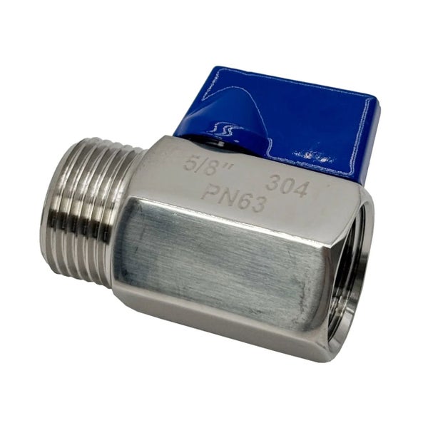 Mini-Kugelhahn aus Edelstahl 304, 5/8 Zoll, PN63, mit blauem Griff, Außengewinde und Innengewinde.
