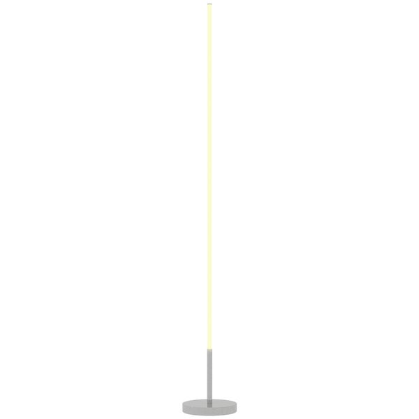 Minimalistische LED-Stehleuchte mit einem schlanken Leuchtstab und einem runden Metallfuß.