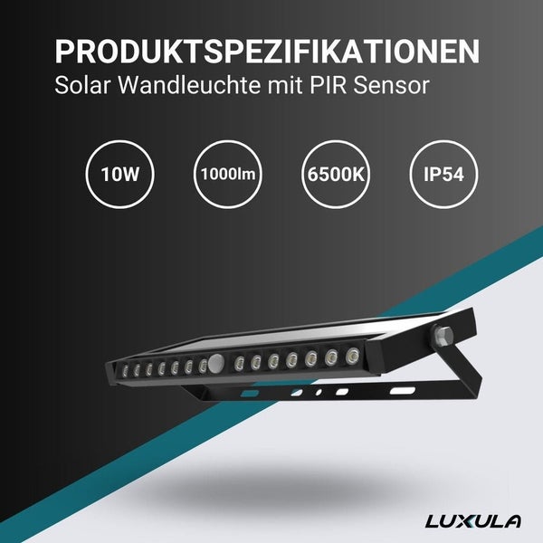 Solar Wandleuchte mit Bewegungssensor, Produktspezifikationen: 10 Watt, 1000 Lumen, 6500 Kelvin, Schutzart IP54