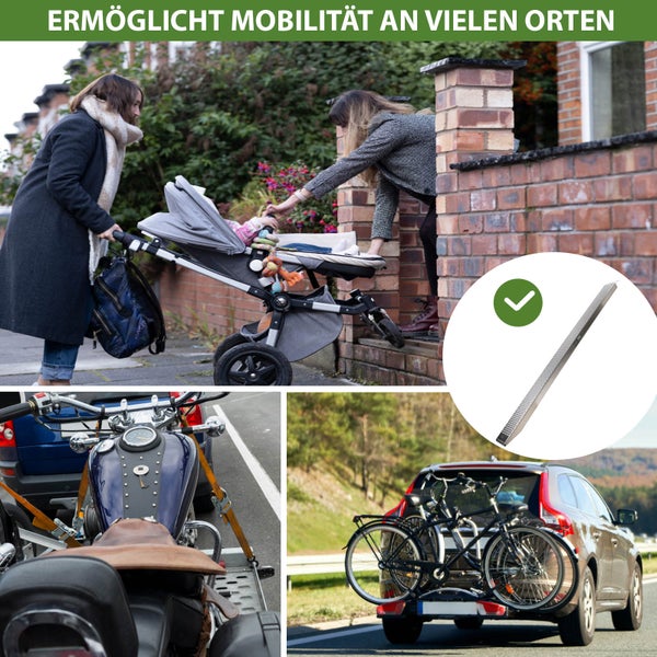 Produktbild, das Mobilität mit einem Kinderwagen, einem Motorrad auf einem Anhänger und Fahrrädern auf einem Fahrradträger zeigt