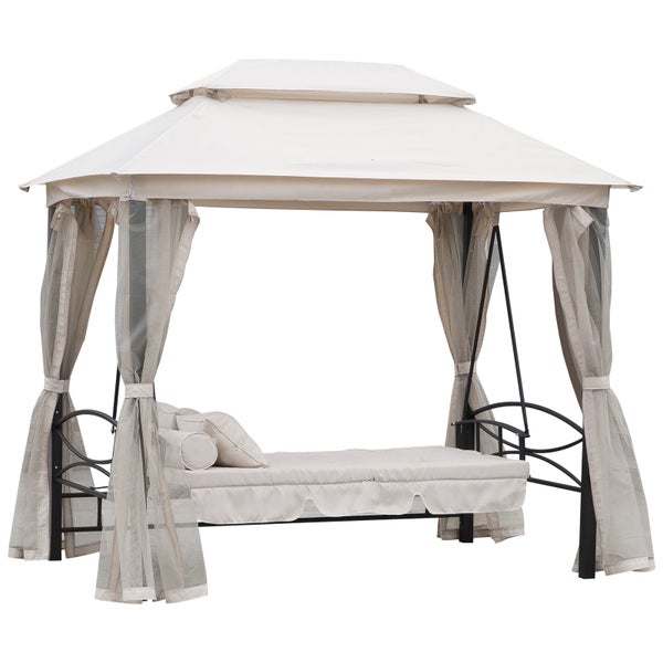 Outsunny Hollywoodschaukel, 3-Sitzer Gartenschaukel mit Seitenwänden, 256 x 172 x 248 cm, Stahl, Polyester, Beige