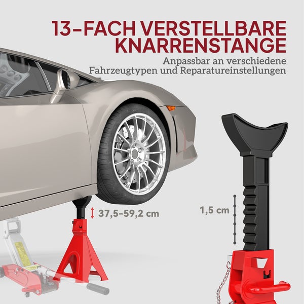 Unterstellbock mit 13-fach verstellbarer Knarrenstange, Höhenbereich von 37,5 bis 59,2 Zentimeter, Einstellschritte von 1,5 Zentimeter.