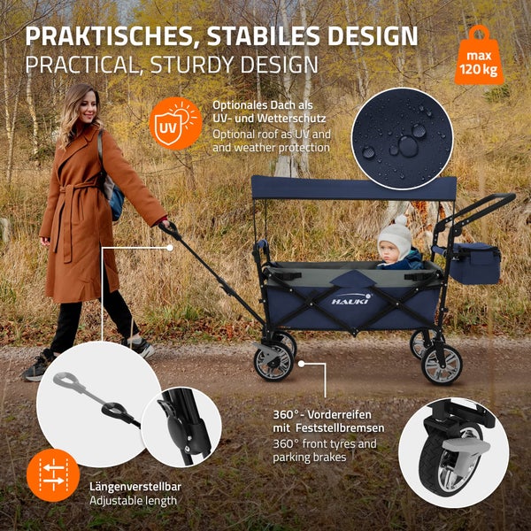 Hauki Bollerwagen XXL faltbar mit Dach & Tasche, Blau-Grau, Handwagen klappbar zum Schieben & Ziehen, Transportwagen für Kinder, 360° drehbare Vorderräder, PU Räder mit Bremsen, Transportkarre 120 kg