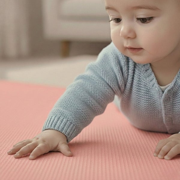 Ein Baby krabbelt auf einer strukturierten Spielmatte.
