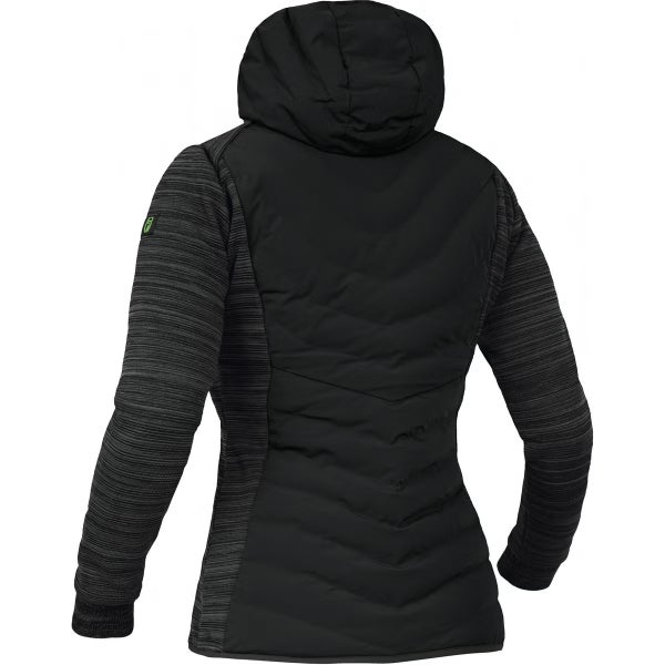 Schwarze Hybridjacke in der Rückansicht, gesteppter Rumpf, gestrickte Ärmel, mit Kapuze.