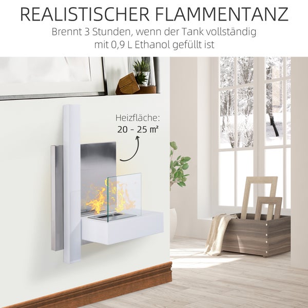 HOMCOM, Ethanol-Kamin, Bio-Ethanol-Brenner, 75L x 63B x 22T cm, Rostfreier Stahl, Weiß