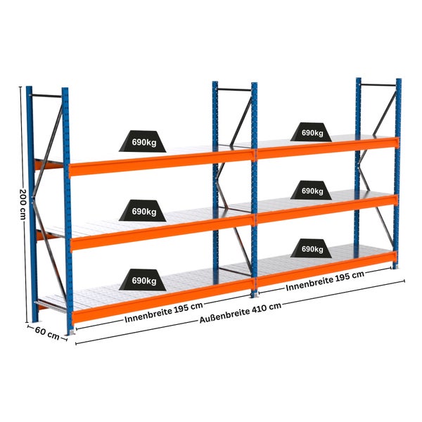 Lagerregal mit drei Ebenen, Abmessungen und Gewichtsangaben