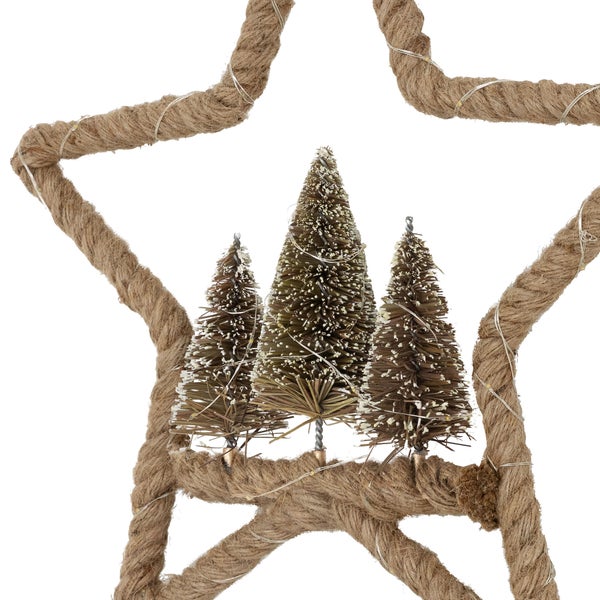 ECD Germany LED Jute Stern Ø40 cm, 50 warmweißen LEDs, Deko Weihnachtsstern mit 3 Tannen, Jutesäckchen, Batterien, Timer, Hängestern aus Seil, Lichterstern Weihnachtsbeleuchtung Weihnachtsdeko Innen