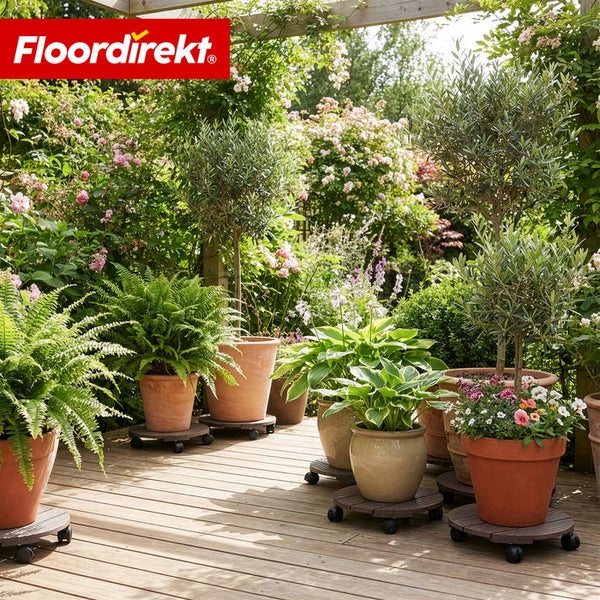 Verschiedene Pflanzen in Töpfen auf Pflanzenrollern im Garten.