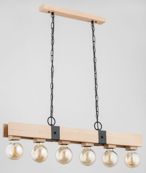 Hängelampe aus hellem Holz mit schwarzer Kettenaufhängung und sechs Glühbirnen im Industrial Design für die Innenbeleuchtung