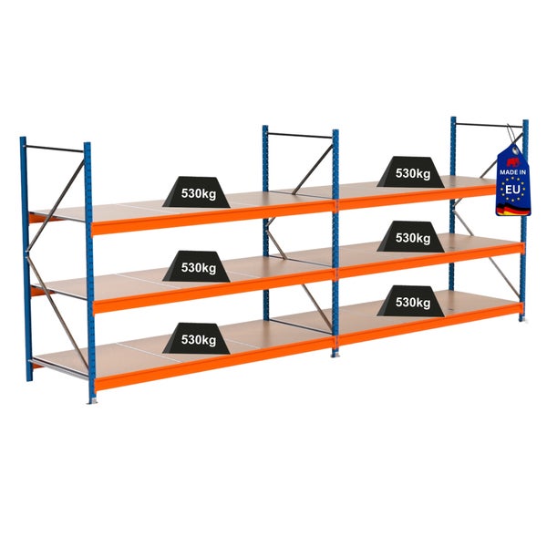 Lagerregal mit drei Ebenen und einer Traglast von 530 Kilogramm pro Ebene
