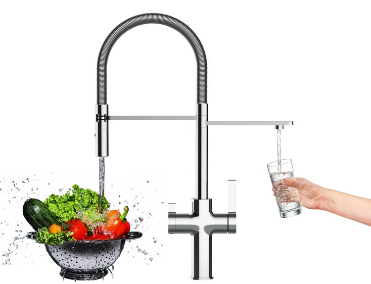 4 Wege Wasserhahn Küchenarmatur, FC, mit 360° schwenkbarem Auslauf, abnehmbare 2 strahl Handbrause, Verchromt