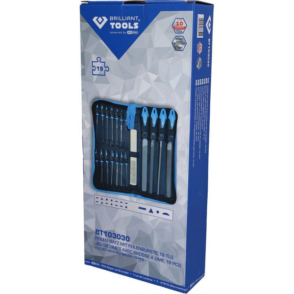 19-teiliges Feilen-Set von Brilliant Tools mit Werkstattfeilen, Nadelfeilen und einer Reinigungsbürste mit Holzgriff.