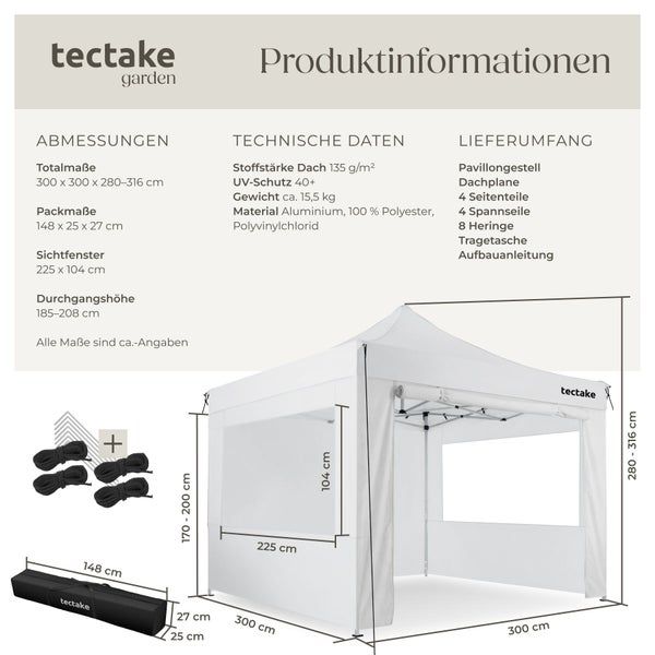 Technische Zeichnung und Produktdatenblatt eines faltbaren Faltpavillons von tectake inklusive Abmessungen, Materialangaben und Lieferumfang.