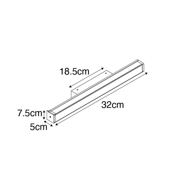Technische Zeichnung einer 32 cm langen Aufbaulampe mit den Massen 7,5 cm Höhe und 5 cm Tiefe, sowie einer Wandhalterung mit 18,5 cm Breite.
