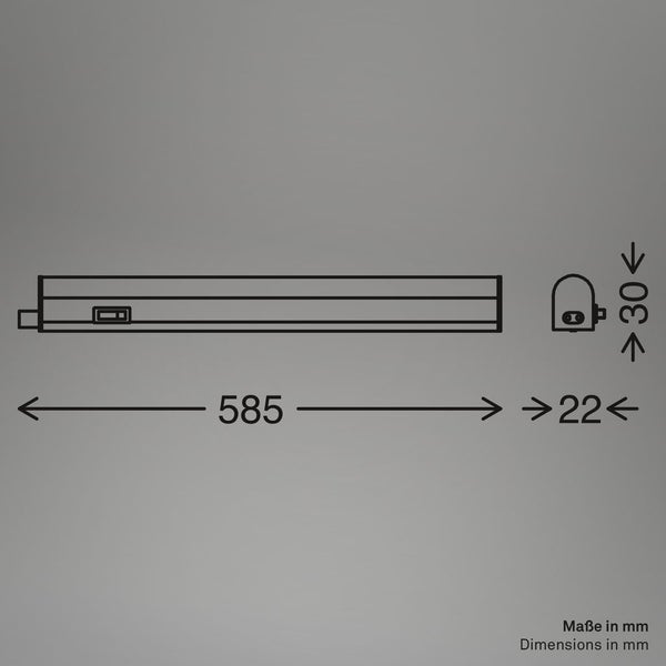 Abmessungen der LED Unterbauleuchte mit einer Länge von 585 mm.