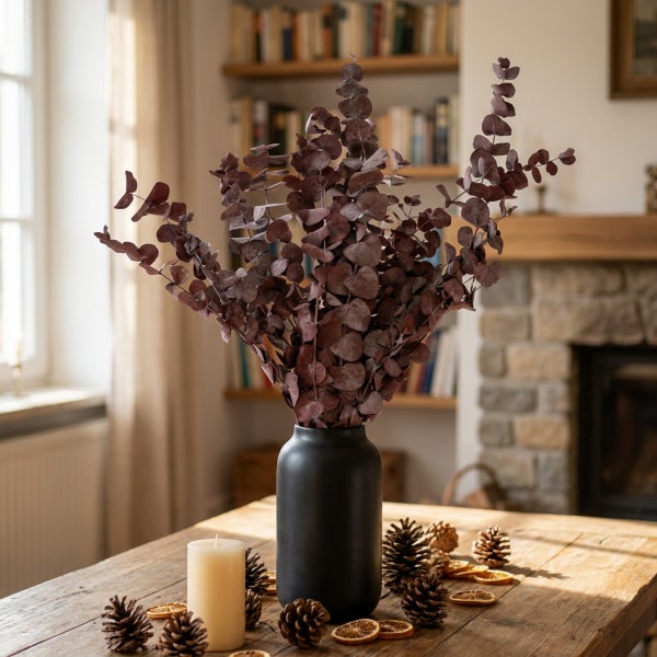 Trockenblumenstrauß mit Eukalyptus in einer schwarzen Vase auf einem Holztisch mit Kerze und Tannenzapfen als herbstliche Tischdekoration.