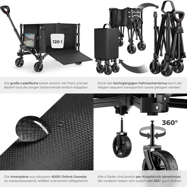 Schwarzer Bollerwagen mit 120 Liter Fassungsvermögen, klappbaren Seitenwänden, wasserabweisendem Innenraum, abnehmbaren Rädern und 360 Grad Drehfunktion