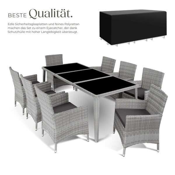 Polyrattan-Gartenmöbel-Set bestehend aus einem Tisch mit Sicherheitsglasplatten, acht Stühlen mit Sitzkissen und einer schwarzen Schutzhülle.