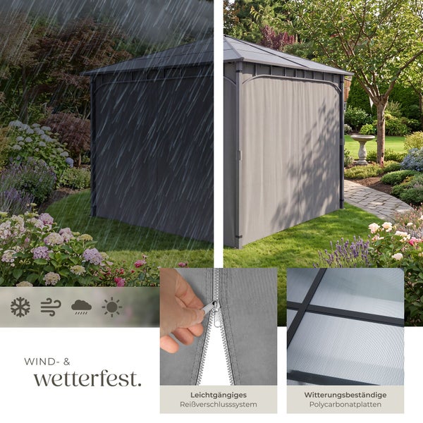 Wetterfester Gartenpavillon mit Seitenteilen und Polycarbonatdach, zeigt Schutz bei Regen und Sonne sowie Reißverschlusssystem und Dachstruktur.