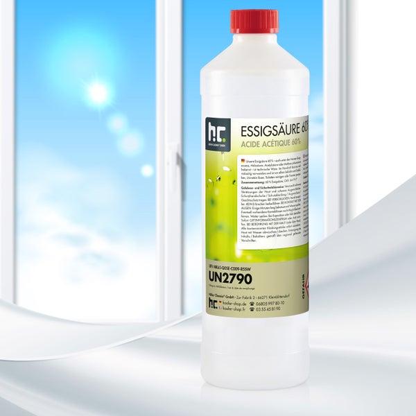 Essigsäure 60 Prozent in einer weißen Plastikflasche mit rotem Deckel