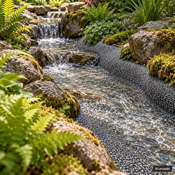 Ein künstlich angelegter Gartenbach mit Kaskaden, eingebettet in Steine, Moos und Farnbepflanzung.