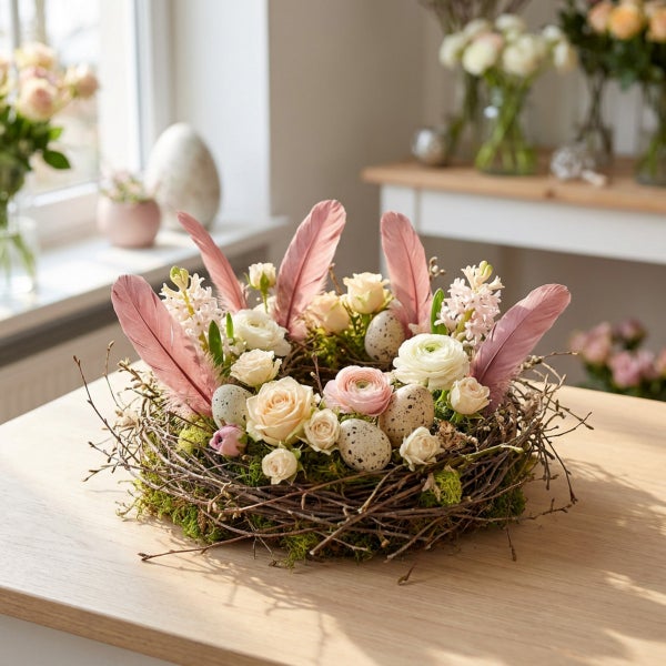 Osterkranz aus Zweigen mit Blumen, gesprenkelten Eiern und Federn auf einem Holztisch als Frühlingsdekoration.
