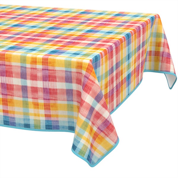 Bunt karierte Tischdecke aus Stoff mit blauem Saum.