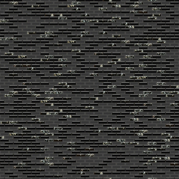 Mosaikfliesen im Verband aus dunklen, glänzenden Rechtecken und Akzentfliesen mit weißer Marmoroptik für die Wand.