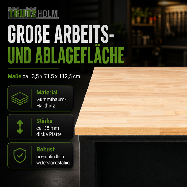 Trutz Holm Arbeitsplatte aus Gummibaum Hartholz mit 3,5 Zentimeter Stärke für Werkbank mit Maßen von 71,5 mal 112,5 Zentimeter.