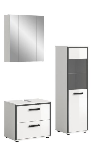 Badezimmermöbel-Set bestehend aus einem dreitürigen Spiegelschrank, einem Waschtischunterschrank mit zwei Schubladen und einem Hochschrank mit Glaseinsatz.