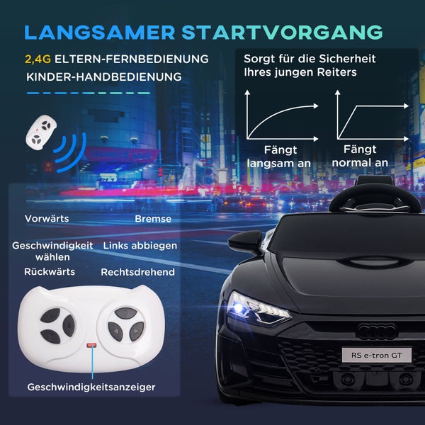 HOMCOM Kinder Elektroauto, mit Fernbedienung, AUDI RS e-tron GT, mit Sicherheitsgurt, Hupe & Musik & Scheinwerfer, bis 5 km/h, für Kinder 3-5 Jahre, 103L x 58B x 41H cm, Kunststoff, Eisen, Schwarz