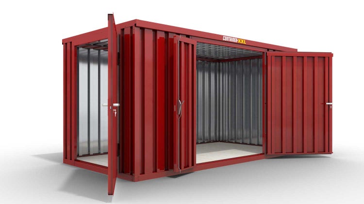 Lagercontainer Gerätehaus XXL  – 12 qm, H2150 x B6080 x T2170 mm, Außenwandlackierung RAL 3000 feuerrot, Dach außen verzinkt, mit Holzfußboden, 1830 mm Doppelflügeltür mittig in Breitseite und 1270 mm Einflügeltür mittig in Stirnseite, montiert