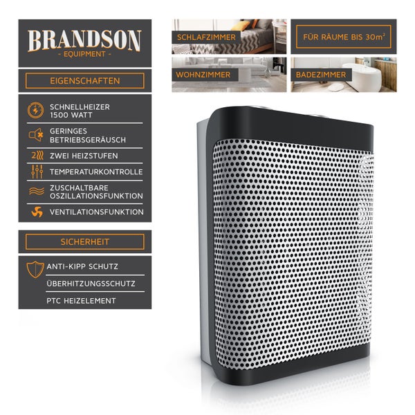 Brandson Keramikheizgerät, Heizlüfter mit Temperaturregelung, 1500W, 2 Leistungsstufen, Überhitzungsschutz, Thermosicherung, Umkippschutz, Silber