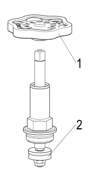 Ventiloberteil mit Handrad und Dichtung für Wasserarmaturen, technische Zeichnung.