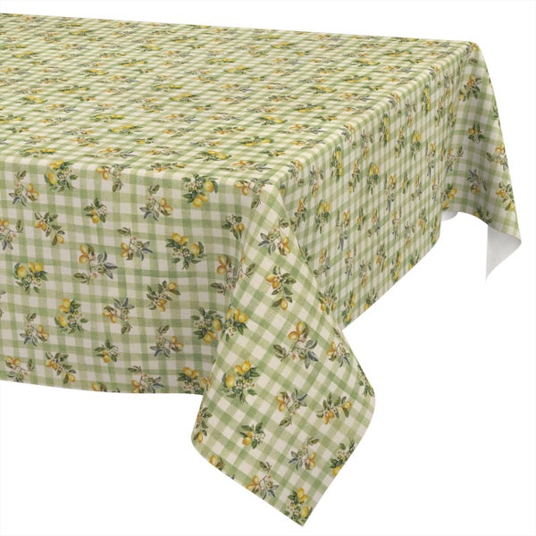 Tischdecke mit grünem Karomuster und gelbem Zitronen-Print.