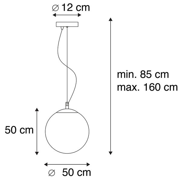 Abmessungen der Pendelleuchte mit einem Durchmesser von 50 cm und einer Höhe von 85 cm bis 160 cm.