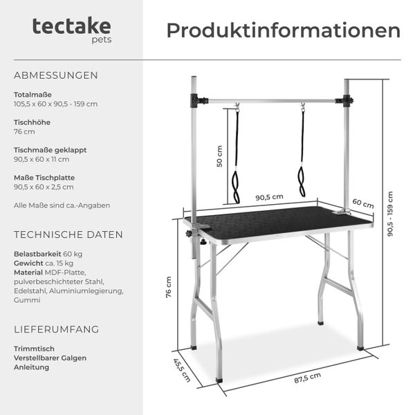 Trimmtisch tectake  Belastbarkeit 60 kg mit höhenverstellbarem Galgen und 2 Schlingen schwarz/silber
