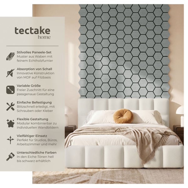 Tectake Home Logo, hexagonale Akustikpaneele aus MDF und Filz mit Echtholzfurnier im Wabenmuster. Schallabsorbierend und modular.
