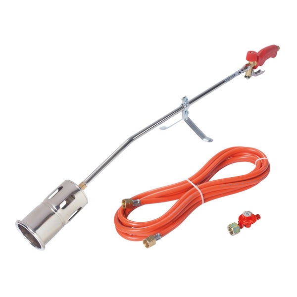 Abflammgerät-Set bestehend aus Brennerstab, Gasschlauch und Druckregler für Bitumenarbeiten und Unkrautvernichtung.