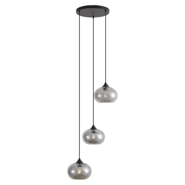Moderne dreiflammige Pendelleuchte mit gläsernen Leuchtkörpern und runder Deckenbefestigung für eine stilvolle Innenbeleuchtung.