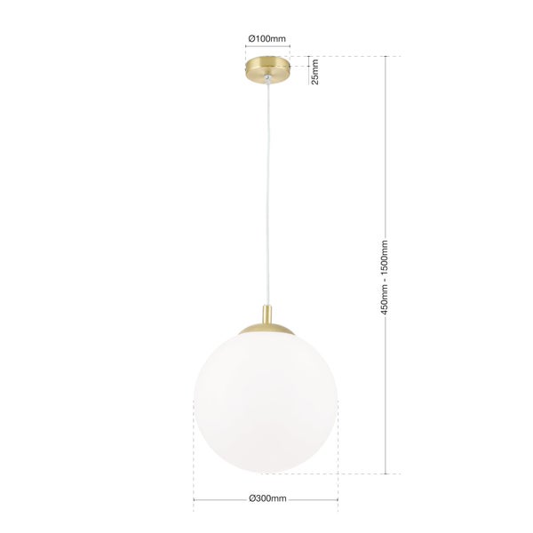 Moderne Pendelleuchte in Kugelform mit weißem Glasschirm und metrischen Maßangaben zur Leuchtenhöhe sowie zum Durchmesser.