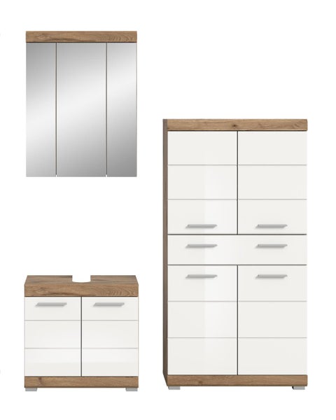 Dreiteiliges Badezimmermöbel-Set bestehend aus Spiegelschrank, Waschbeckenunterschrank und Hochschrank in Weiß mit Elementen in Holz-Optik.