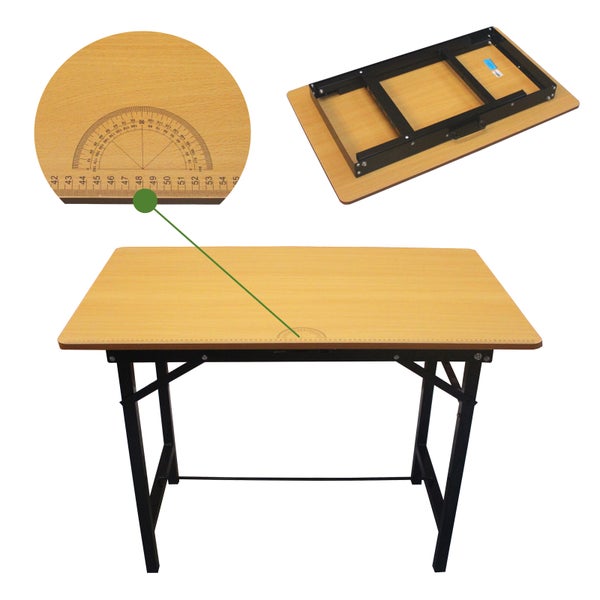 Zeichentisch mit Winkelmesser und zusammengeklapptem Untergestell