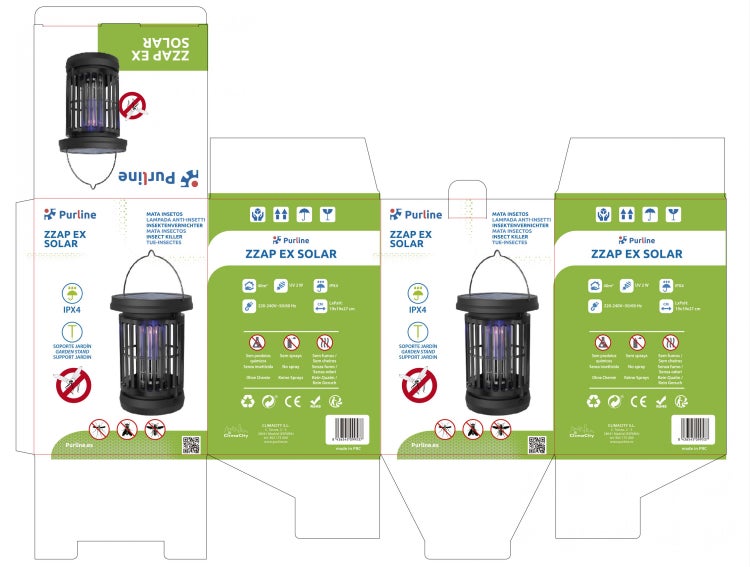 Verpackung des Purline ZZAP EX SOLAR Insektenvernichters mit Solarbetrieb, UV-Licht, IPX4-Schutz und chemiefreier Funktion.