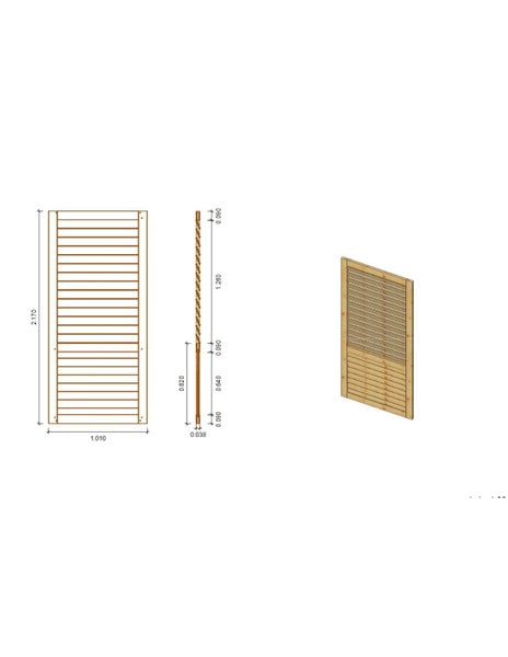 Technische Zeichnung und 3D-Ansicht eines Holz-Sichtschutzelements mit Lamellen, Maße 2170 mal 1010 Millimeter.